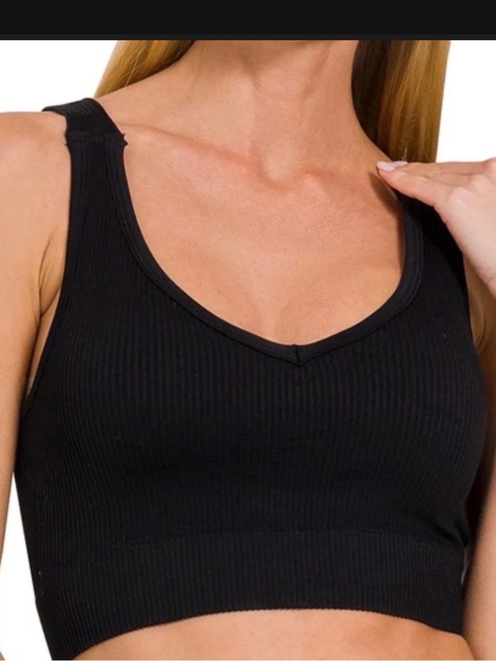 Zenana Outfitters Black Padded Ribbed V-Neck Crop Tank